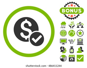 Approved Payment icon with bonus elements. Vector illustration style is flat iconic bicolor symbols, eco green and gray colors, white background.