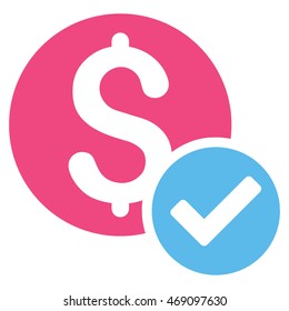 Approved Payment icon. Vector style is bicolor flat iconic symbol with rounded angles, pink and blue colors, white background.