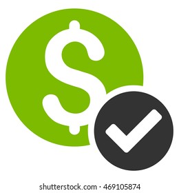 Approved Payment icon. Vector style is bicolor flat iconic symbol with rounded angles, eco green and gray colors, white background.