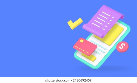 Approved payment online banking smartphone application banner copy space 3d icon realistic vector illustration. Success internet paying buying shopping purchase mobile phone app with receipt invoice