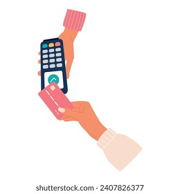 Approved payment with pos terminal using bank debit card. Hands paying with Contactless cashless payment. Vector illustration
