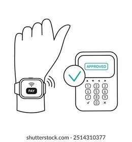 Approved payment with a smart watch NFC technology. Green checkmark. Line art. Editable stroke