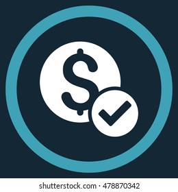 Approved Payment vector bicolor rounded icon. Image style is a flat icon symbol inside a circle, blue and white colors, dark blue background.