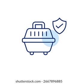 Contenedor aprobado para mascotas, mascota protegida, estándares de portador certificados. Icono de Vector de trazo perfecto y editable