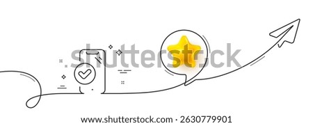 Approved phone line icon. Continuous line with share plane. Accepted smartphone sign. Verified device symbol. 3d star in speech bubble. Approved phone single line ribbon. Loop curve pattern. Vector