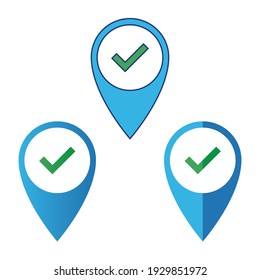 Approved pin location icon with 3 styles line color, gradient and flat icon