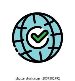 Icono de línea de color del planeta aprobado. Concepto de acuerdo global. Firma para página web, aplicación móvil. Objeto aislado del vector. Trazo editable.