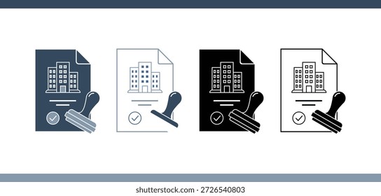 Conjunto de iconos de contrato inmobiliario de documento de propiedad aprobado