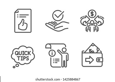 Approved, Quick Tips And Sharing Economy Icons Simple Set. Approved Document, Manual Doc And Wallet Signs. Verified Symbol, Helpful Tricks. Education Set. Line Approved Icon. Editable Stroke. Vector