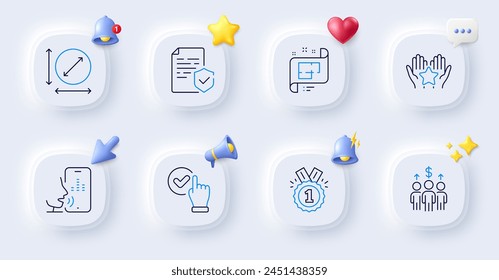 Approved, Ranking and Meeting line icons. Buttons with 3d bell, chat speech, cursor. Pack of Voicemail, Checkbox, Architectural plan icon. Certificate, Circle area pictogram. Vector