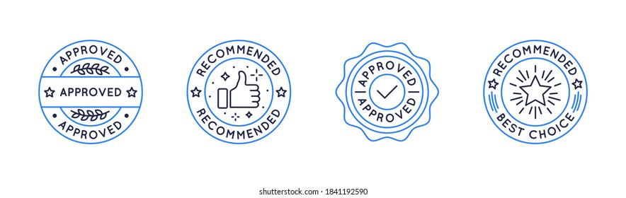 Approved, Recommended, Best choice, best seller labels set. Labels, stickers with checkmark and thump up. Sale stickers for social media. Vector illustration