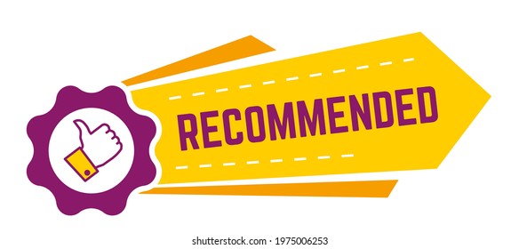 Aprobado y recomendado por el cliente, banner aislado con el dedo arriba y el equipo, texto y pegatina. Comercialización y publicidad, satisfacción del cliente con productos y mercancías, alta tasa. Vector de estilo plano