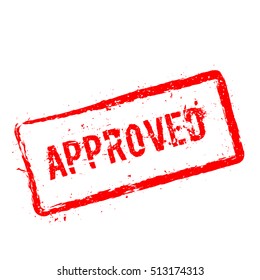 Approved red rubber stamp isolated on white background. Grunge rectangular seal with text, ink texture and splatter and blots, vector illustration.
