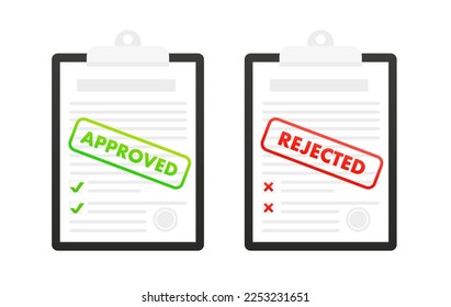 Approved and rejected application. Clipboard with document, red rejected and green approved stamp on white background. Concept of fill out online application form. Vector illustration