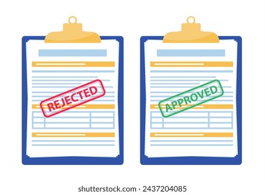 approved and rejected application. Clipboard with document, red rejected and green approved stamp on white background. Concept of fill out online application form. Vector illustration in flat style