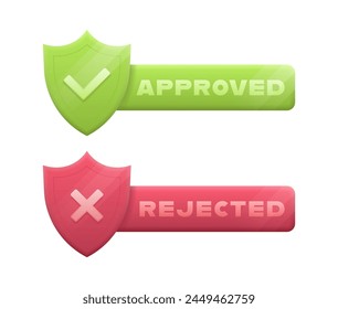 Approved and rejected badge in 3d style with check and cross mark on shield and glowing effect. Vector illustration.