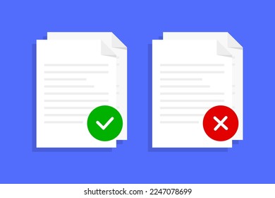 Approved and rejected document. Clipboard with document, red rejected and green approved stamp. Flat vector illustration