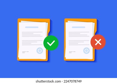 Approved and rejected document. Clipboard with document, red rejected and green approved stamp. Flat vector illustration