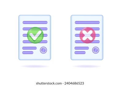 Approved and rejected document. Vector 3D illustration.