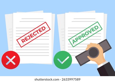 Approved and rejected documents flat illustration with stamp, check, and cross mark symbol. Vector illustration for business, document, corporate, presentation, and infographics.