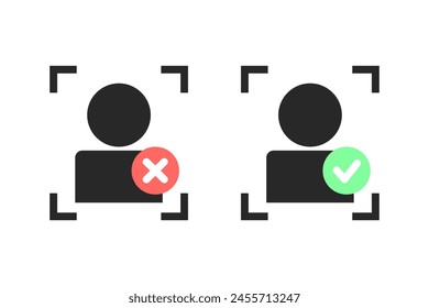 Conjunto de iconos de escaneo de face id aprobados y rechazados. Tecnología, acceso, verificación facial, seguridad, conceptos de verificación de identidad del usuario. Ilustración de diseño de personaje de Vector plano aislado sobre fondo blanco.