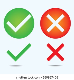 Approved and rejected icon. A green check mark and red cross. Vector illustration.