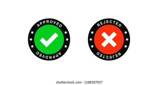 Genehmigte und abgelehnte Symbol-Logo-Vektorgrafik. Rundstempel für zugelassene und geprüfte Produkte, Software und Dienstleistungen.