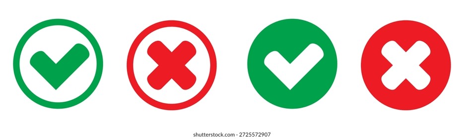 Conjunto de iconos aprobados y rechazados, garrapata verde y cruz roja, símbolos de interfaz de usuario Sí o No