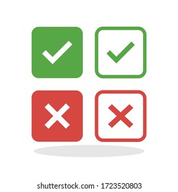 Icono aprobado y rechazado conjunto en estilo plano de moda. Marca de verificación y símbolos de diseño X para el diseño de su sitio web, logotipo, aplicación, Vector de UI EPS 10.	