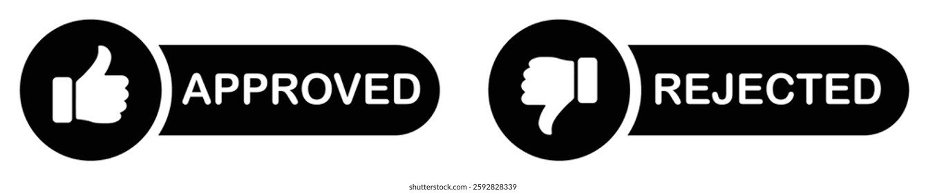 Approved rejected icons with thumb up and thumb down labels showing confirm, deny, accept and decline actions for interface controls and status markers.