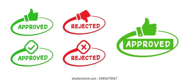 Approved and rejected label icon design with thumbs up. Customer product, green, red, quality, Accepted, Rejected, Approved, Disapprovedreview tag, flat design. Transparent png and vector illustration