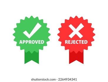 Approved and rejected label. Right and wrong button. Check mark and cross.