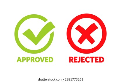 Approved and rejected label sticker. Green check mark yes and red cross no icon. Vector stock illustration