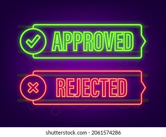 Icono de etiqueta adhesiva aprobada y rechazada. Icono de Neon. Ilustración de material vectorial