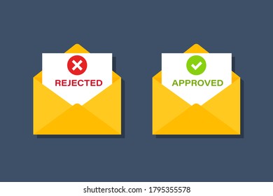 Approved and rejected letters. Verification and confirmation signs. Check mark and cross. Mail.