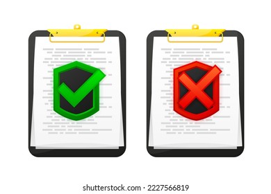 Approved, Rejected office documents on Black Clipboard isolated on background. Collection of documents, file, paper with stamps and signatures. Vector illustration.