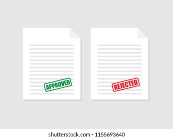 approved and rejected rubber stamp on document, green and red color. Vector stock illustration.
