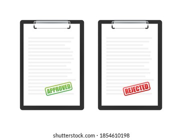 Sello de goma aprobado y rechazado en el documento, color verde y rojo. Ilustración vectorial.