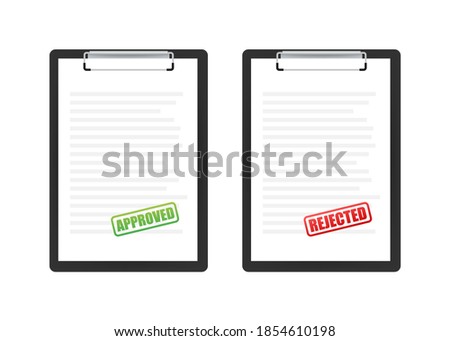 Approved and rejected rubber stamp on document, green and red color. Vector illustration.