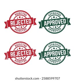 Approved and Rejected Rubber Stamp Vector – Green and Red Certification Badge, Denial Seal with Ribbon, Verified and Declined Label for Documents