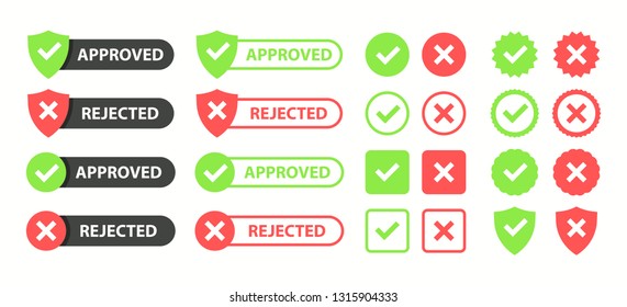 Approved and rejected set. Approved or Certified icon. Green approval sign vector with check mark. Vector illustration