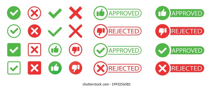 Approved And Rejected Set. Yes And No. Right And Wrong. Check Mark. Green Approval Sign Vector With Check Mark. Approved Or Certified Icon. Vector Illustration.