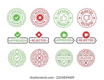 Approved and rejected sing checkmark cross thumb up down set line vector illustration. Negative and positive good bad validation vote seal badge. Red and green internet like dislike confirmation