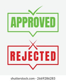 Approved and rejected vector labels. Green approved with checkmark, red rejected with cross. Decision making, status, and approval concept.