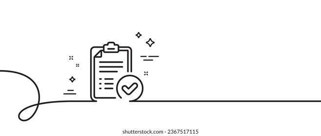 Icono de línea de informe aprobado. Una línea continua con curl. Firma de documento aceptada. Símbolo de verificación. Lista de esquema único del informe aprobado. Patrón de curva de bucle. Vector