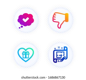Approved, Romantic gift and Dislike hand icons simple set. Button with halftone dots. Architect plan sign. Comic message, Surprise with love, Thumbs down. Engineering plan. Business set. Vector