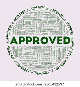 Approved - round badge. Text approved with keywords word clouds and circular text. Duck Hunt color theme and grunge texture. Classy vector illustration.