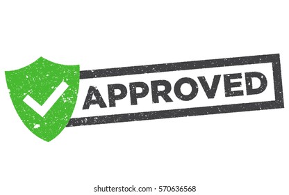 Approved rubber stamp. Grunge design with dust and scratches. Green approval sign vector with check mark and shield.