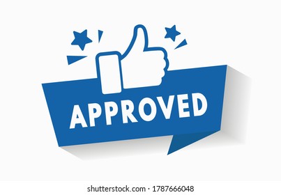 Approved rubber stamp seal icon with thumbs up hand sign. Blue flag with for quality check badge design vector illustration. Recommended product with best choice logo for promotion. Like symbol. V1