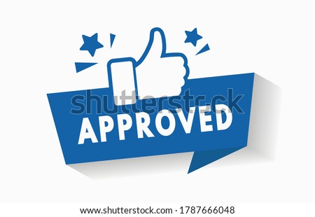 Approved rubber stamp seal icon with thumbs up hand sign. Blue flag with for quality check badge design vector illustration. Recommended product with best choice logo for promotion. Like symbol. V1